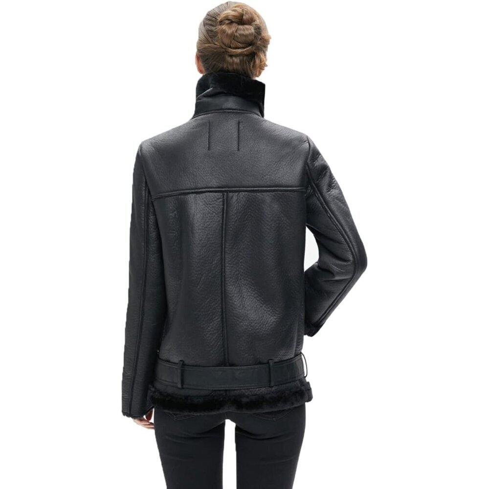 🆕Women Black Faux Shearling Moto Jacket Thick Lined Winter Leather Coat Parka - Picture 5 of 7